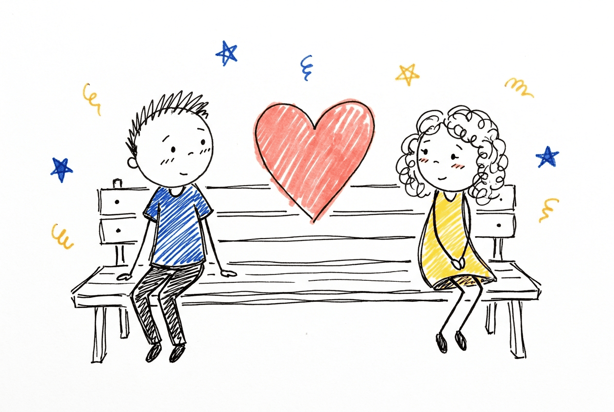 Doodle of two people on a park bench with a heart between them