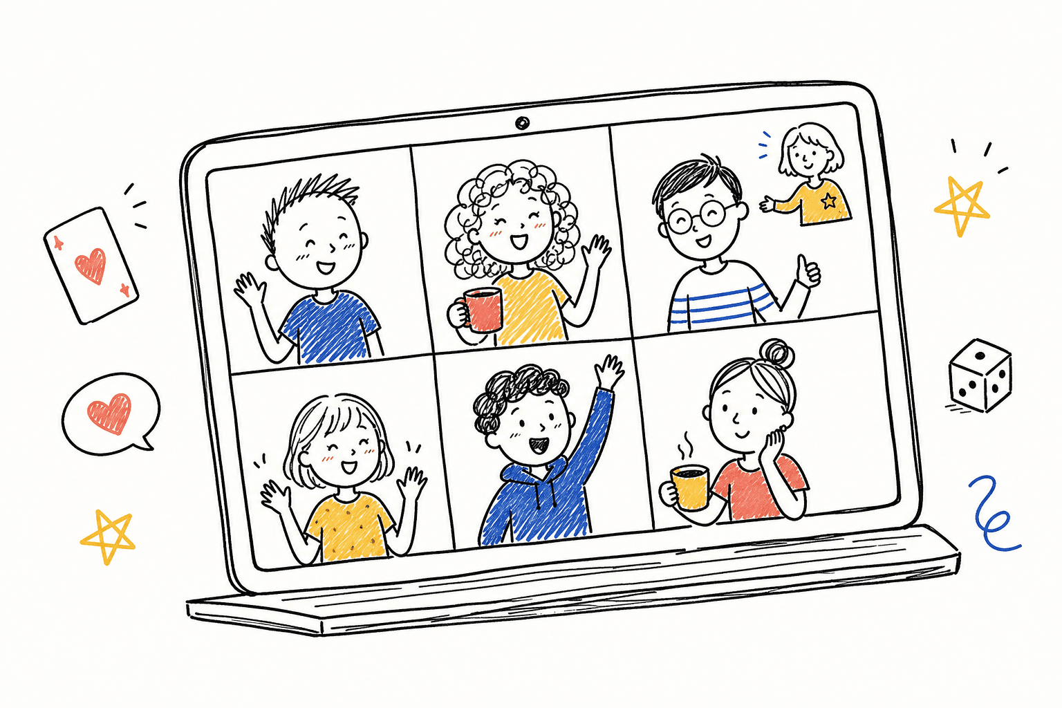Doodle of a laptop video call with six cheerful people playing a game together