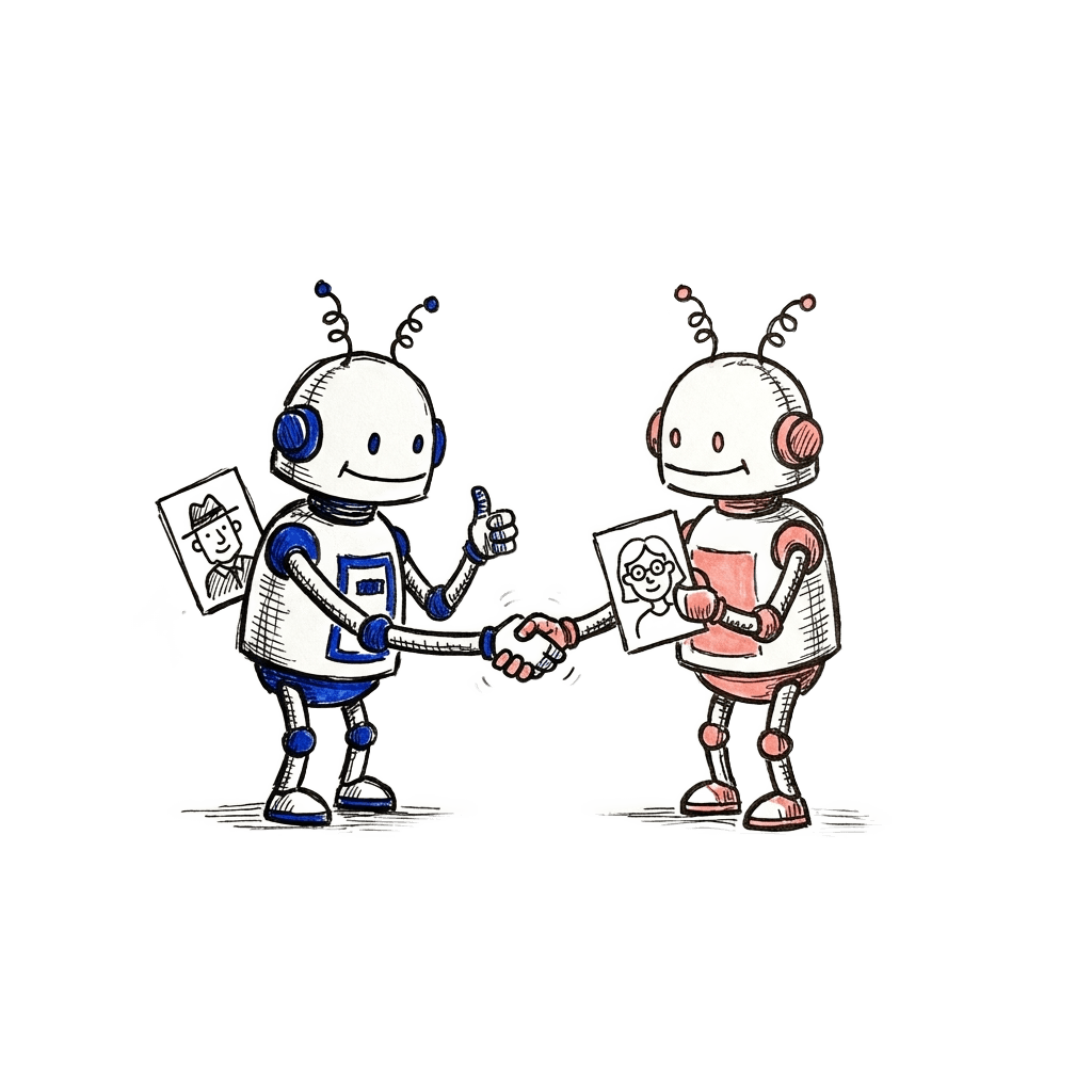 Doodle of two little robots shaking hands while holding portrait cards