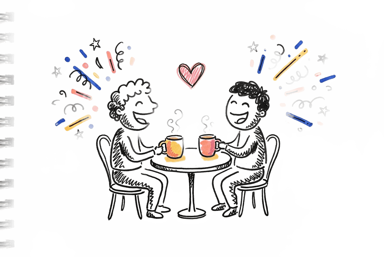 Doodle of two people laughing together over coffee
