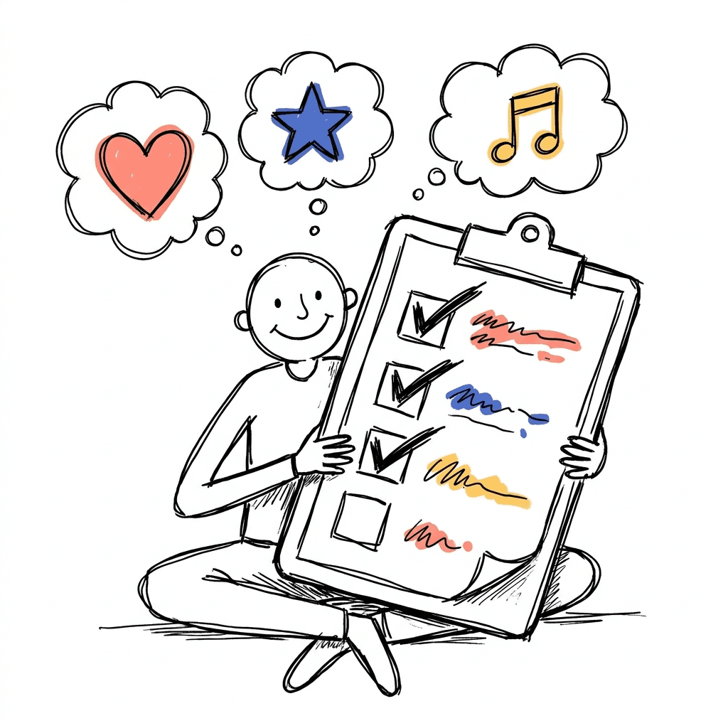 Doodle of a person happily filling out a giant questionnaire