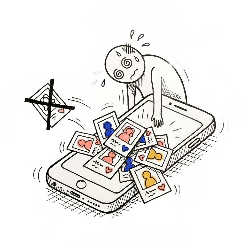 Doodle of an exhausted person buried in an endless stack of dating profiles